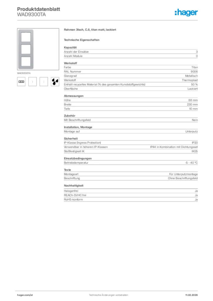 Bild Hager Produktdatenblatt WAD9300TA | Hager Deutschland