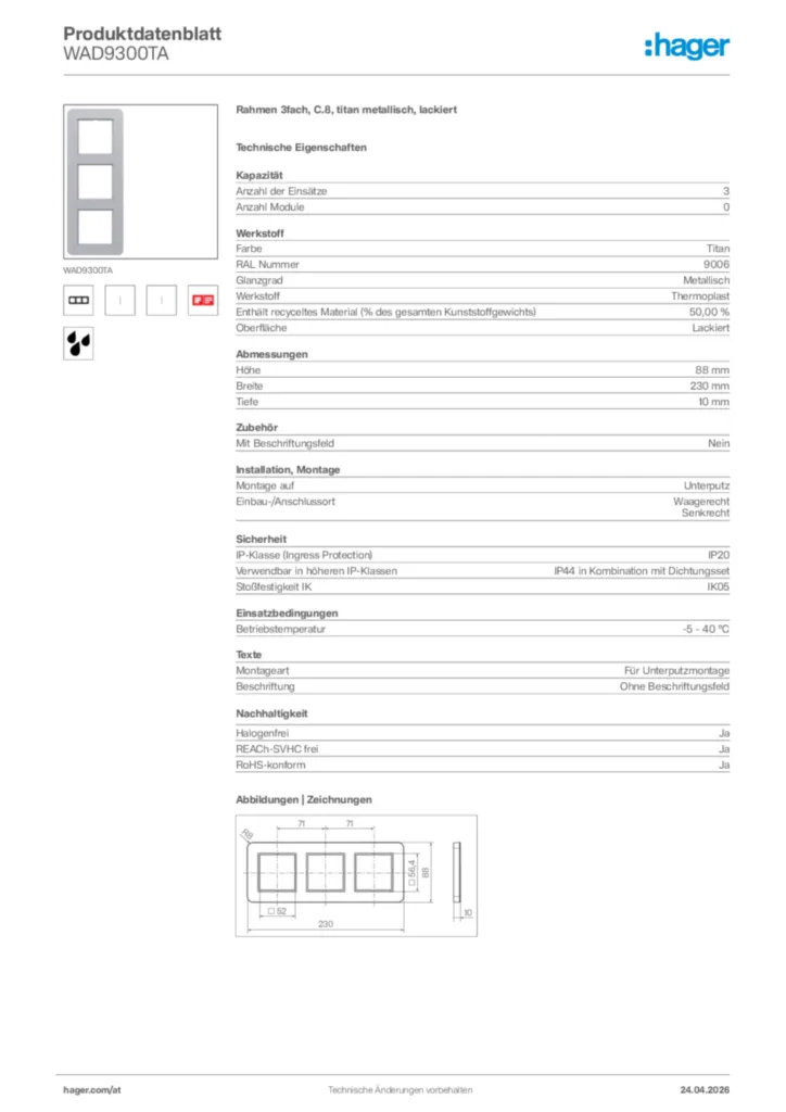 Bild Hager Produktdatenblatt WAD9300TA | Hager Deutschland