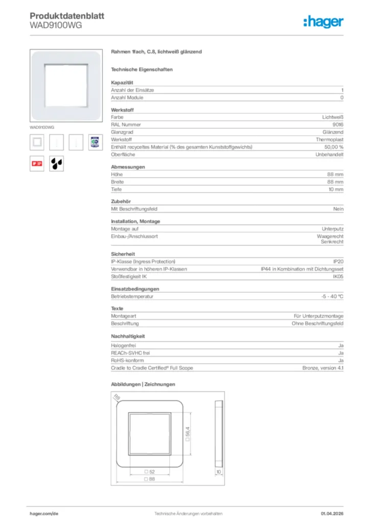 Bild Hager Produktdatenblatt WAD9100WG | Hager Deutschland
