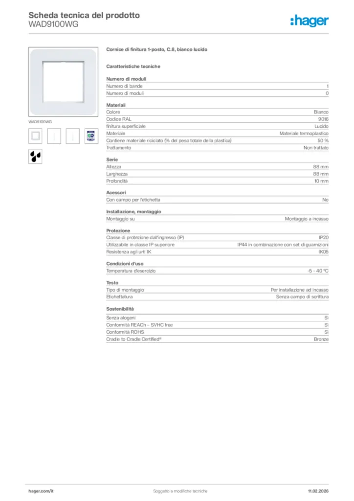 Immagine Hager Scheda tecnica del prodotto WAD9100WG | Hager Italia