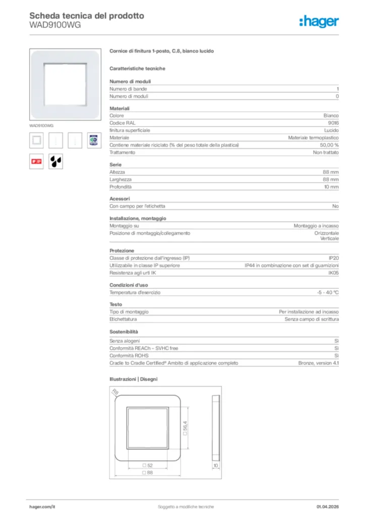 Immagine Hager Scheda tecnica del prodotto WAD9100WG | Hager Italia