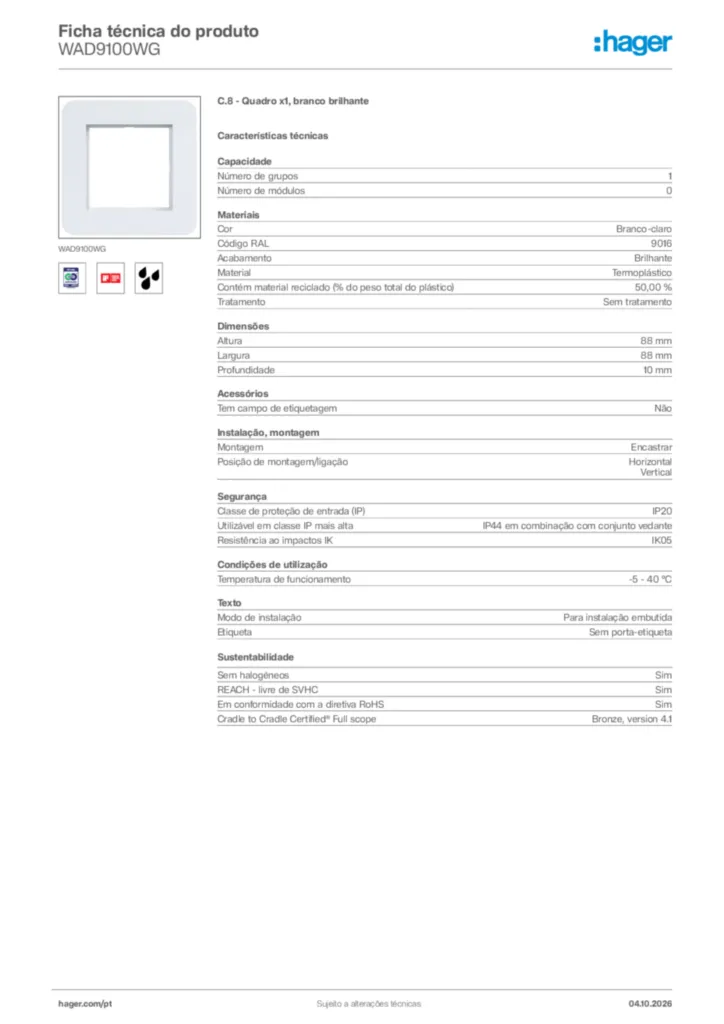 Imagem Hager Ficha técnica do produto WAD9100WG | Hager Portugal