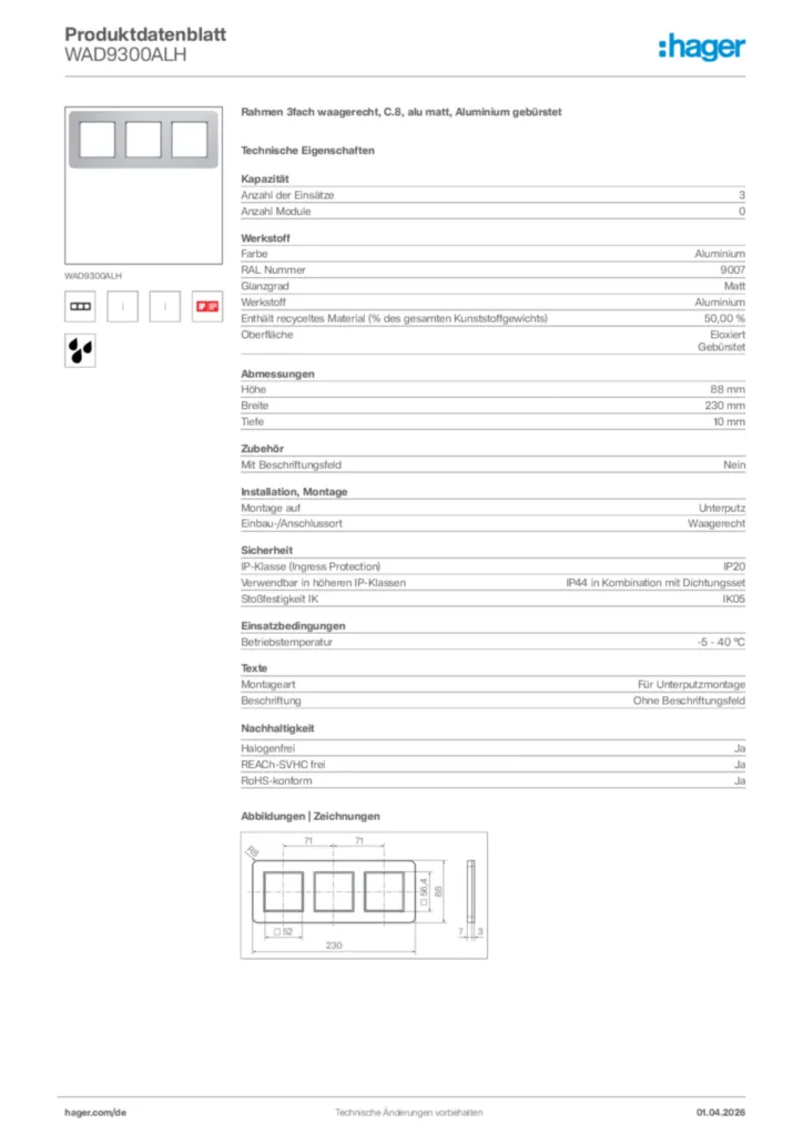 Bild Hager Produktdatenblatt WAD9300ALH | Hager Deutschland