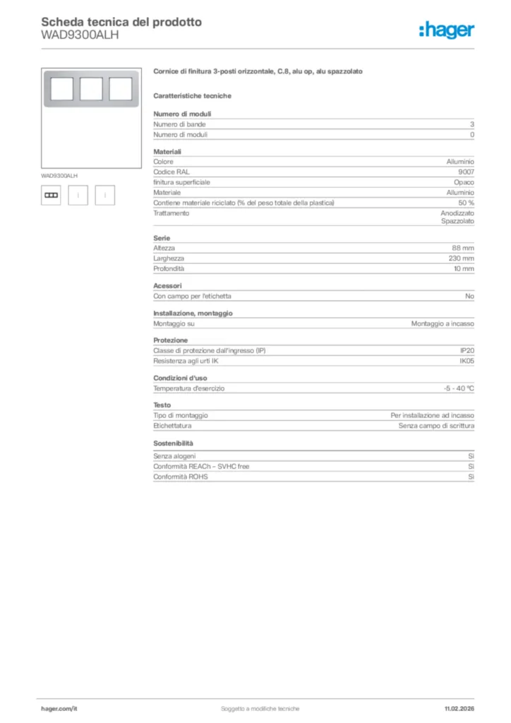 Immagine Hager Scheda tecnica del prodotto WAD9300ALH | Hager Italia