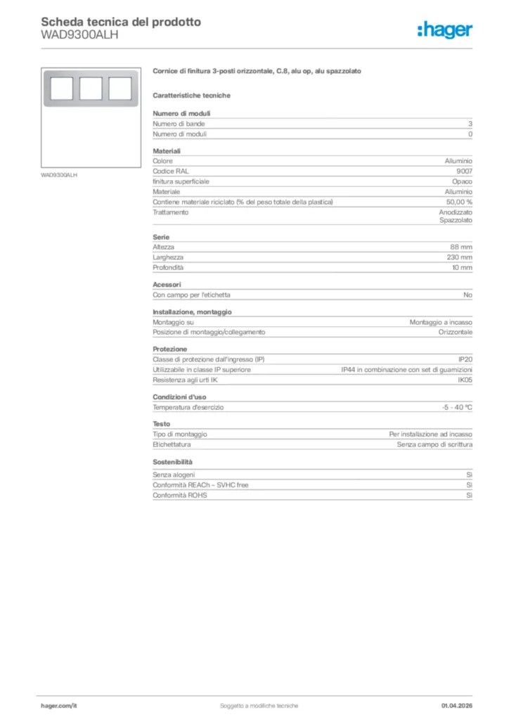 Immagine Hager Scheda tecnica del prodotto WAD9300ALH | Hager Italia