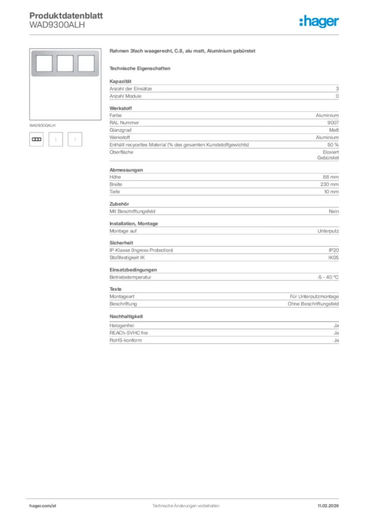 Bild Hager Produktdatenblatt WAD9300ALH | Hager Deutschland