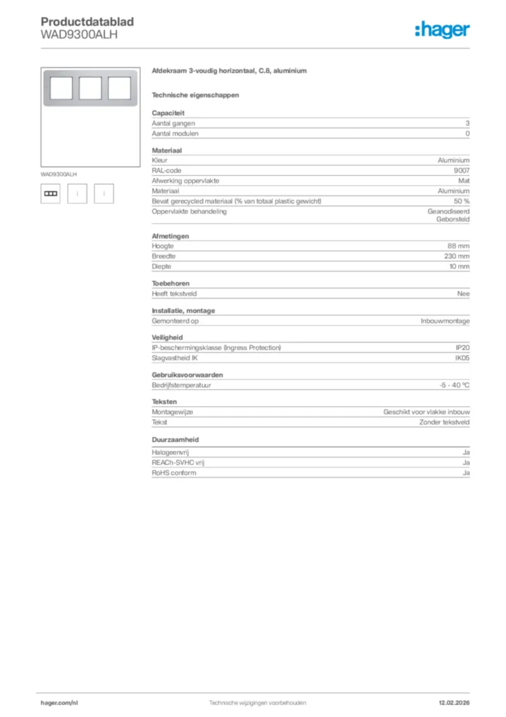 Afbeelding Hager Productdatablad WAD9300ALH | Hager Nederland