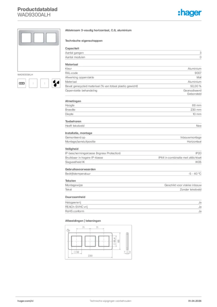 Afbeelding Hager Productdatablad WAD9300ALH | Hager Nederland