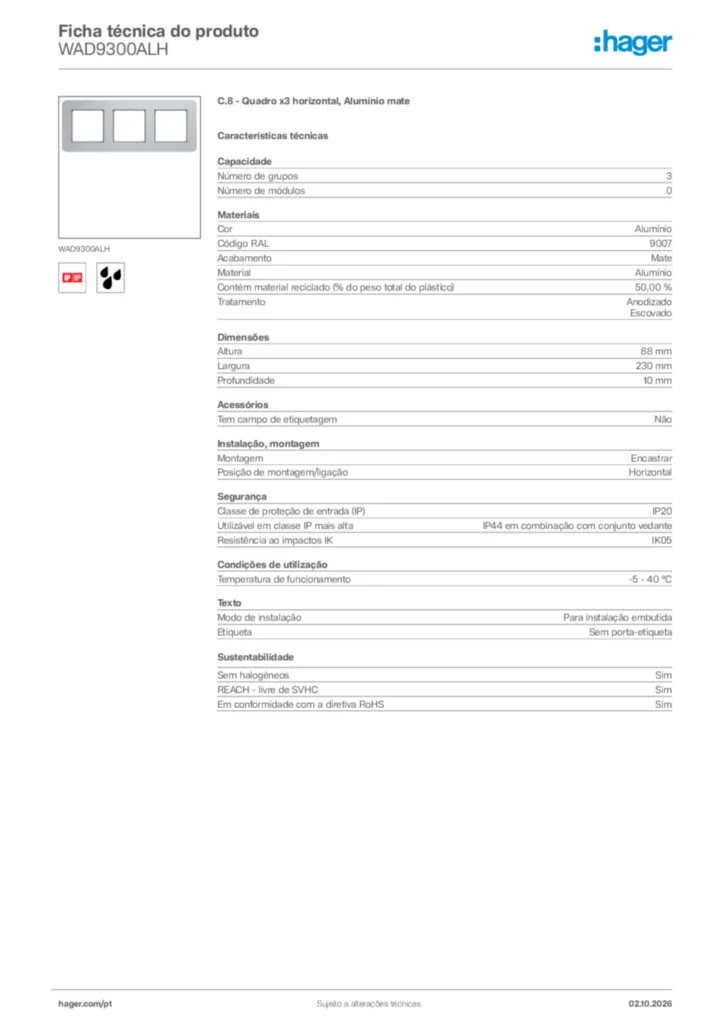 Imagem Hager Ficha técnica do produto WAD9300ALH | Hager Portugal