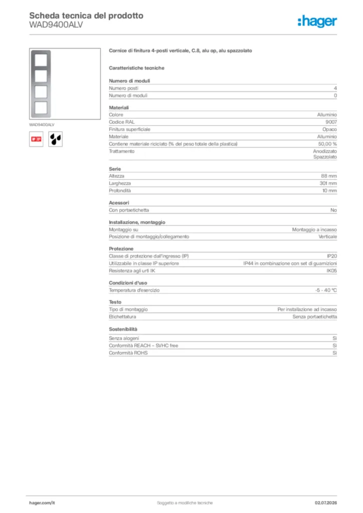 Immagine Hager Scheda tecnica del prodotto WAD9400ALV | Hager Italia