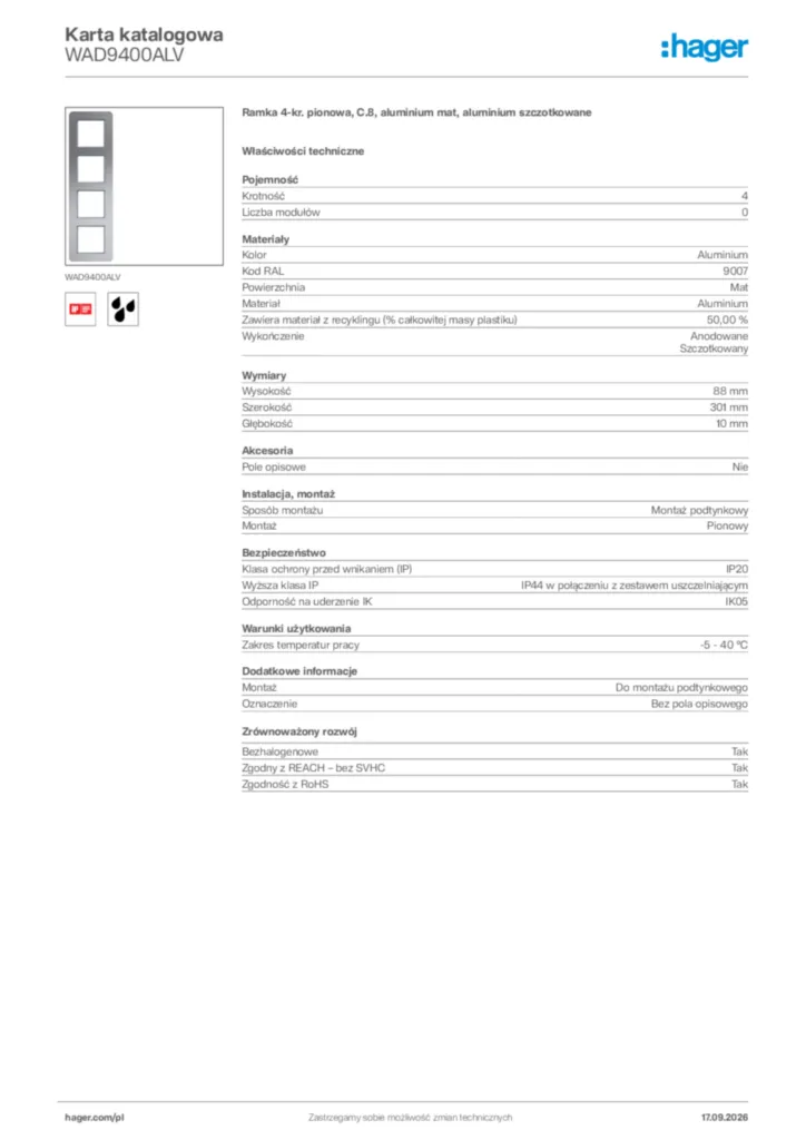 Zdjęcie Hager Karta katalogowa WAD9400ALV | Hager Polska