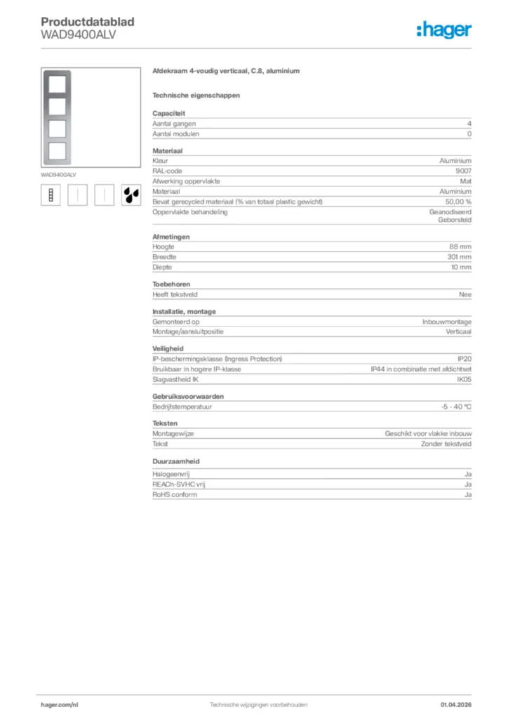 Afbeelding Hager Productdatablad WAD9400ALV | Hager Nederland