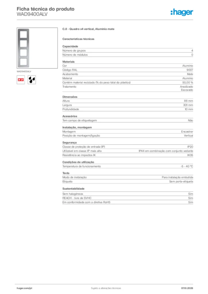 Imagem Hager Ficha técnica do produto WAD9400ALV | Hager Portugal