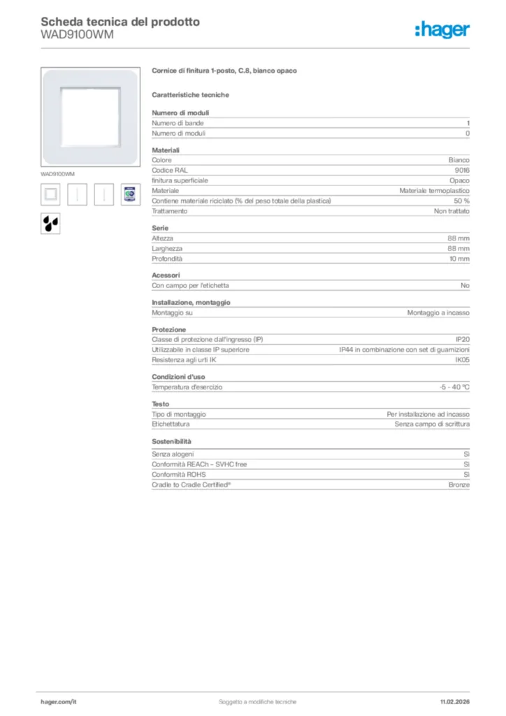 Immagine Hager Scheda tecnica del prodotto WAD9100WM | Hager Italia