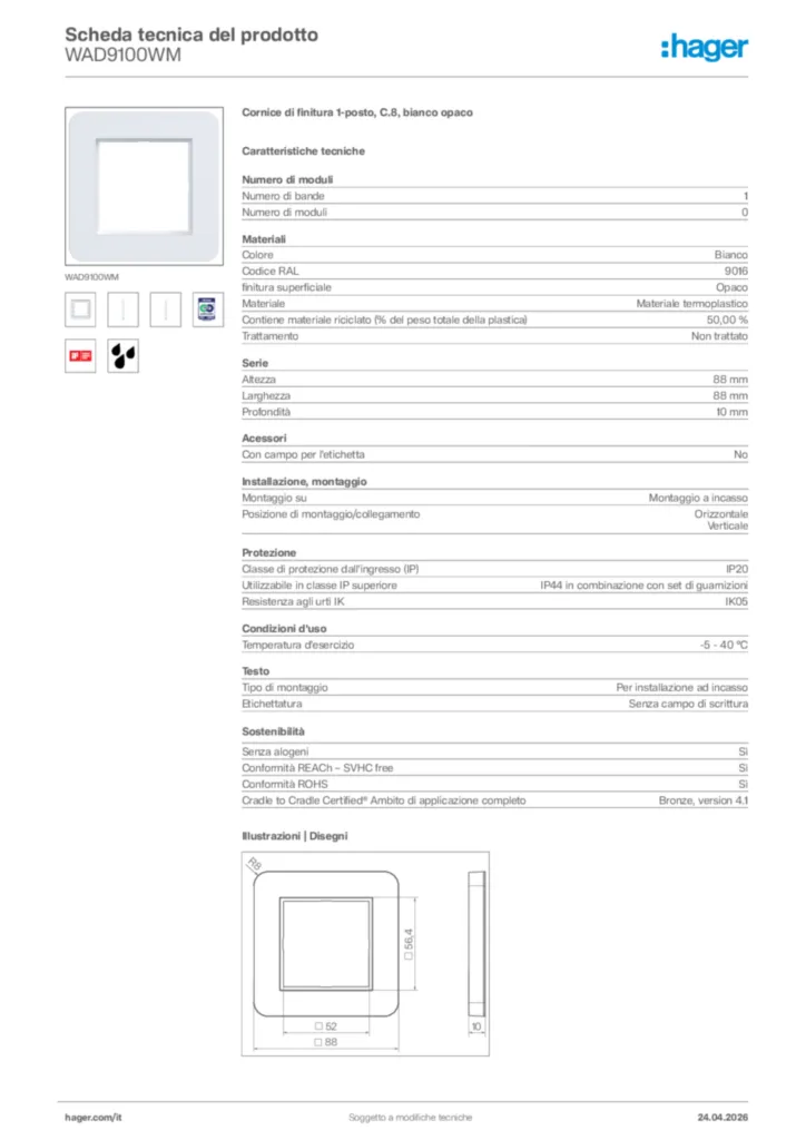 Immagine Hager Scheda tecnica del prodotto WAD9100WM | Hager Italia