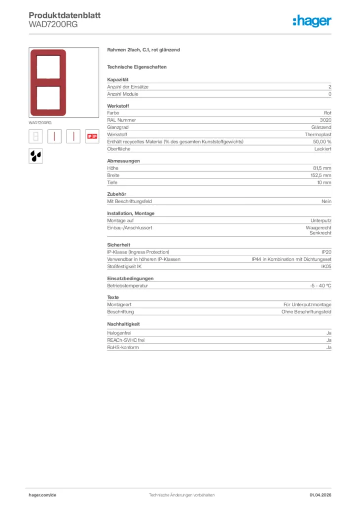 Bild Hager Produktdatenblatt WAD7200RG | Hager Deutschland