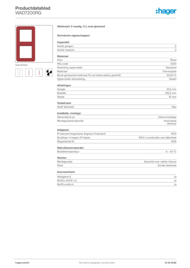 Afbeelding Hager Productdatablad WAD7200RG | Hager Nederland