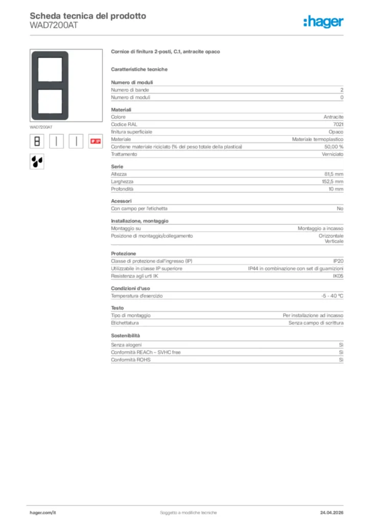 Immagine Hager Scheda tecnica del prodotto WAD7200AT | Hager Italia