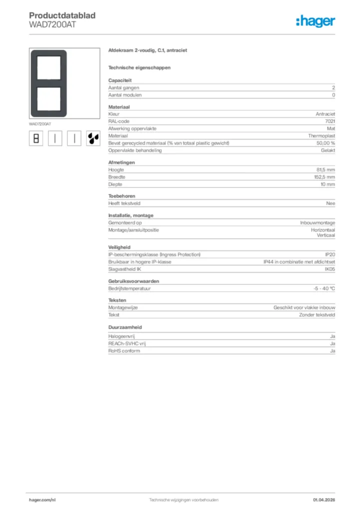 Afbeelding Hager Productdatablad WAD7200AT | Hager Nederland