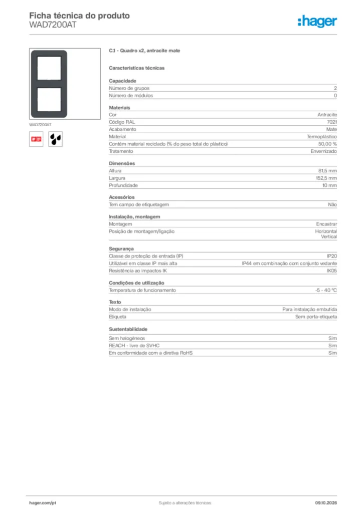 Imagem Hager Ficha técnica do produto WAD7200AT | Hager Portugal