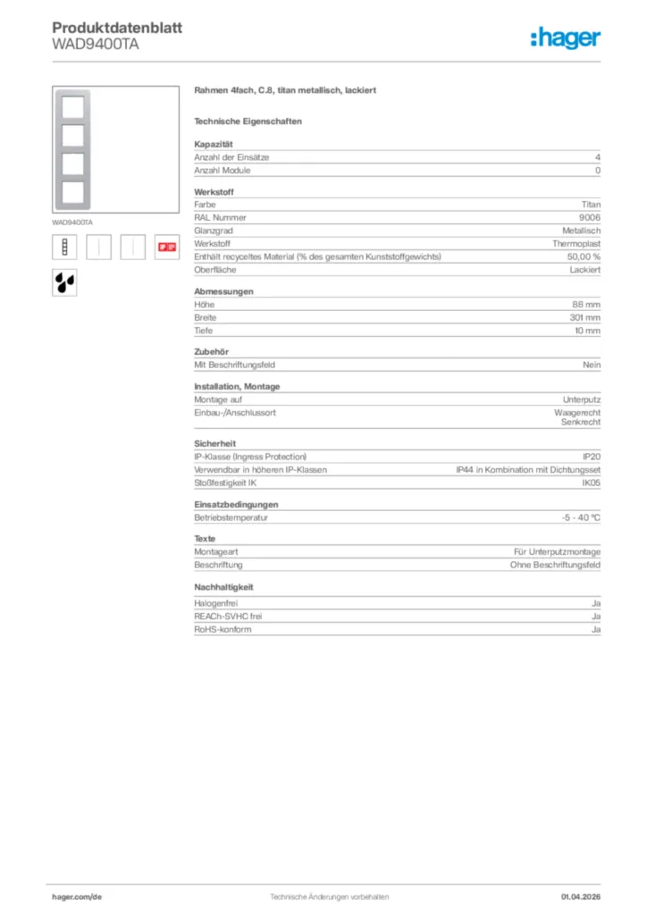 Bild Hager Produktdatenblatt WAD9400TA | Hager Deutschland