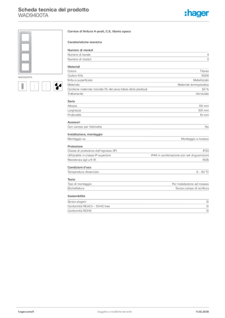 Immagine Hager Scheda tecnica del prodotto WAD9400TA | Hager Italia