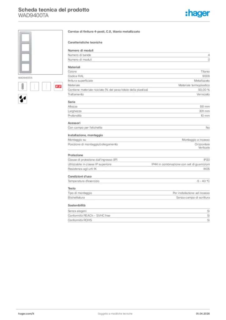 Immagine Hager Scheda tecnica del prodotto WAD9400TA | Hager Italia