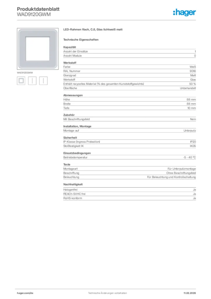 Bild Hager Produktdatenblatt WAD9120GWM | Hager Deutschland