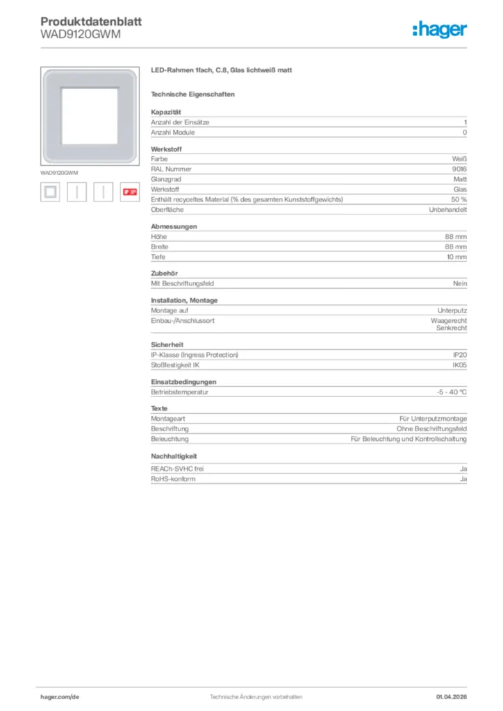 Bild Hager Produktdatenblatt WAD9120GWM | Hager Deutschland