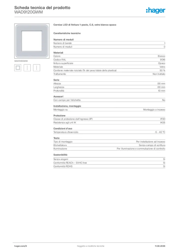Immagine Hager Scheda tecnica del prodotto WAD9120GWM | Hager Italia