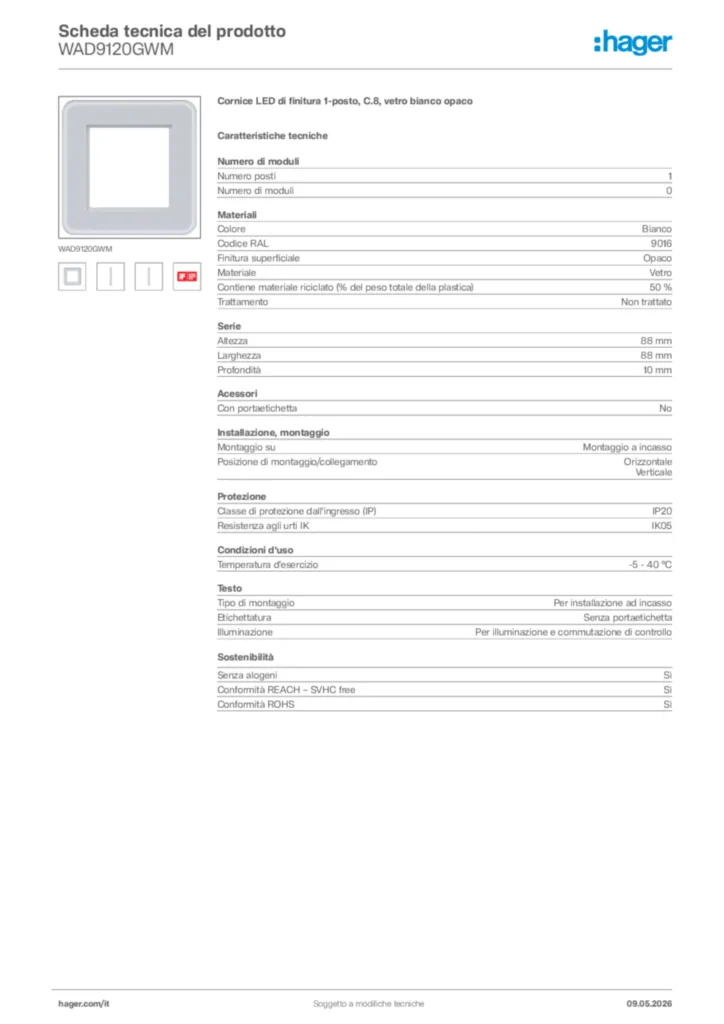 Immagine Hager Scheda tecnica del prodotto WAD9120GWM | Hager Italia