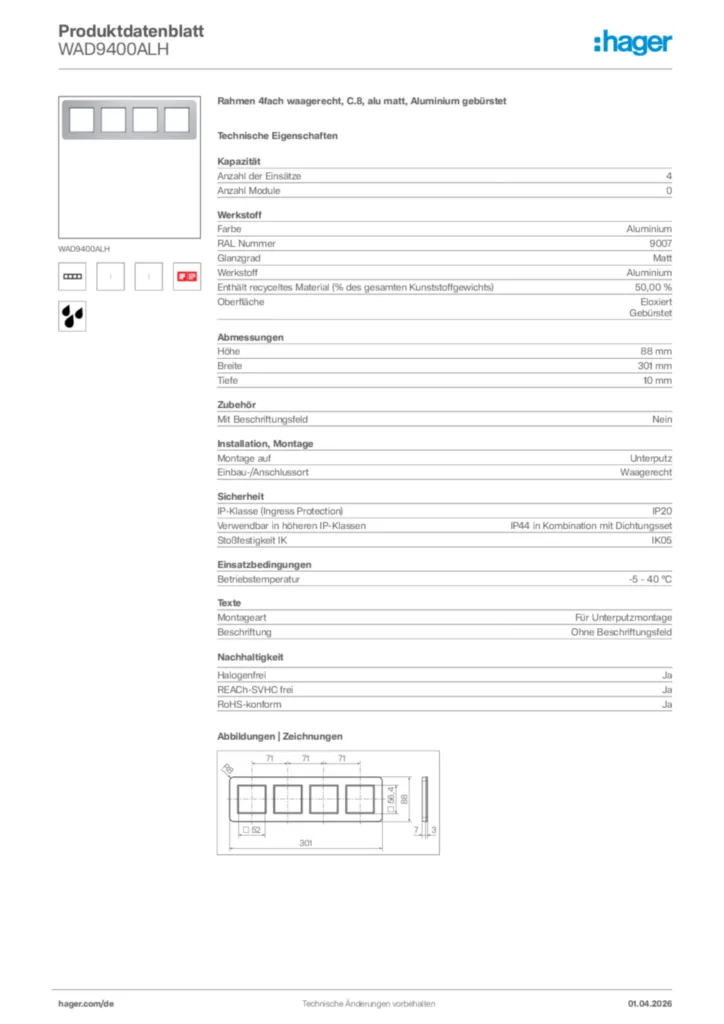 Bild Hager Produktdatenblatt WAD9400ALH | Hager Deutschland
