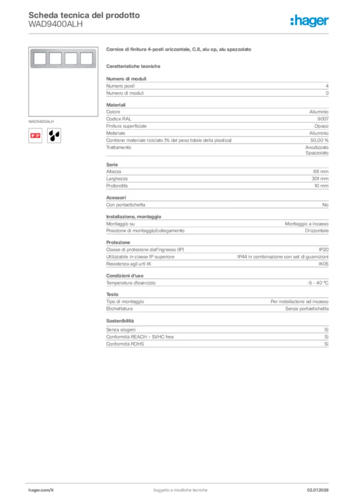 Immagine Hager Scheda tecnica del prodotto WAD9400ALH | Hager Italia