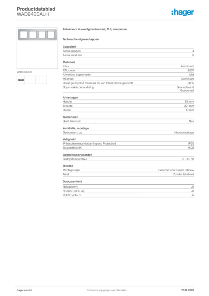Afbeelding Hager Productdatablad WAD9400ALH | Hager Nederland