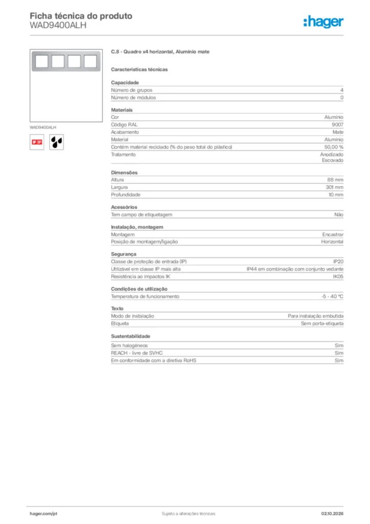 Imagem Hager Ficha técnica do produto WAD9400ALH | Hager Portugal