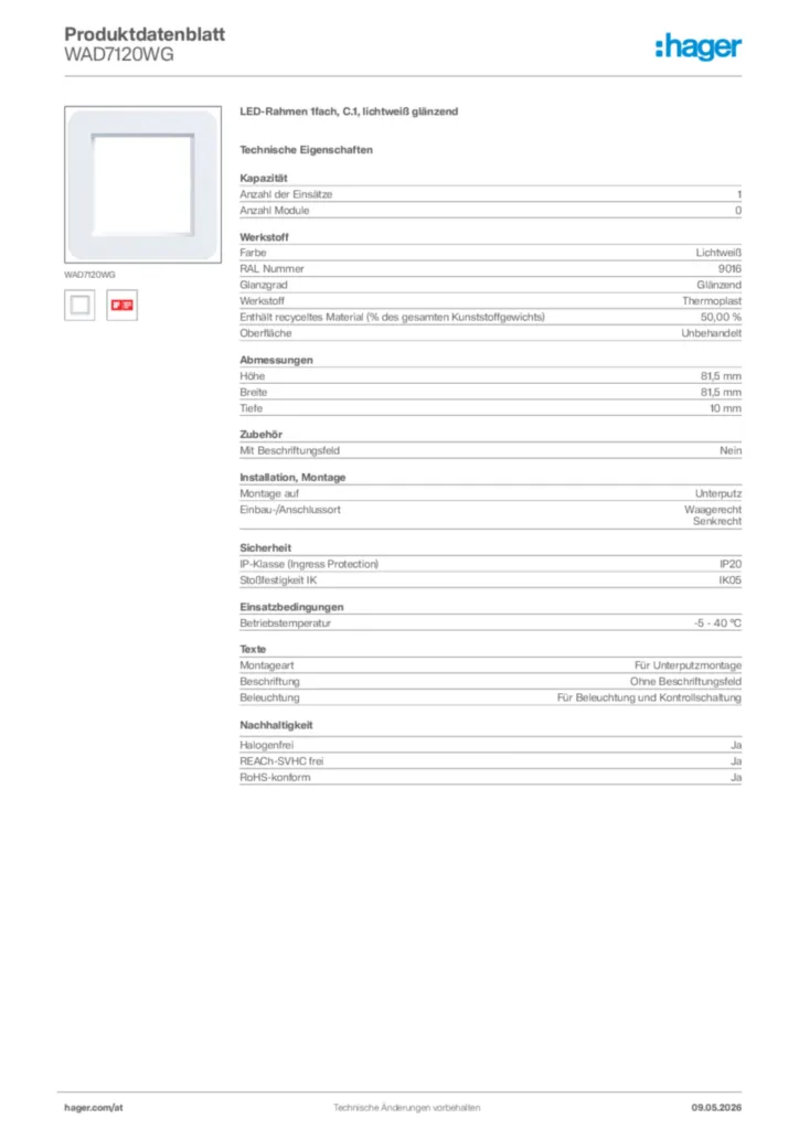 Bild Hager Produktdatenblatt WAD7120WG | Hager Deutschland