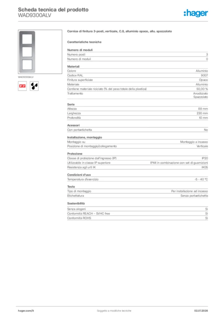 Immagine Hager Scheda tecnica del prodotto WAD9300ALV | Hager Italia