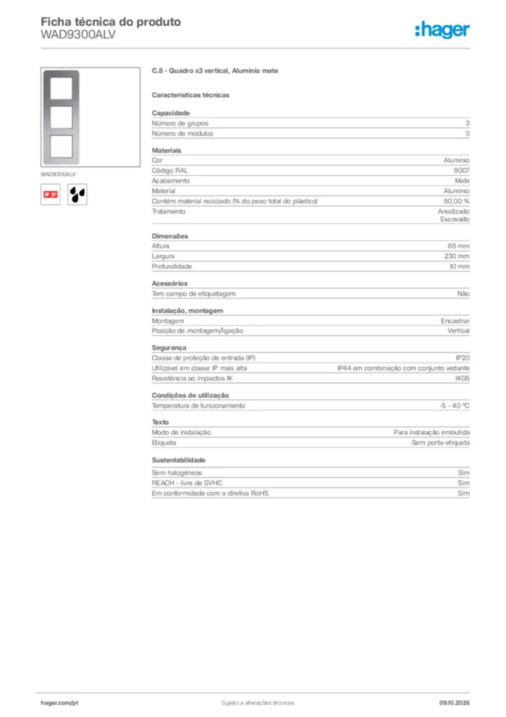 Imagem Hager Ficha técnica do produto WAD9300ALV | Hager Portugal