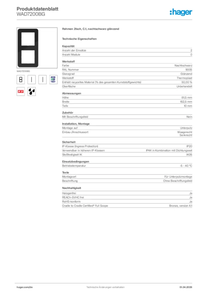 Bild Hager Produktdatenblatt WAD7200BG | Hager Deutschland
