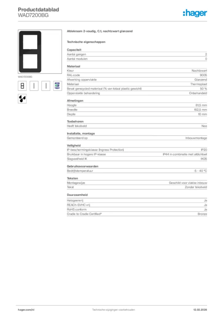 Afbeelding Hager Productdatablad WAD7200BG | Hager Nederland