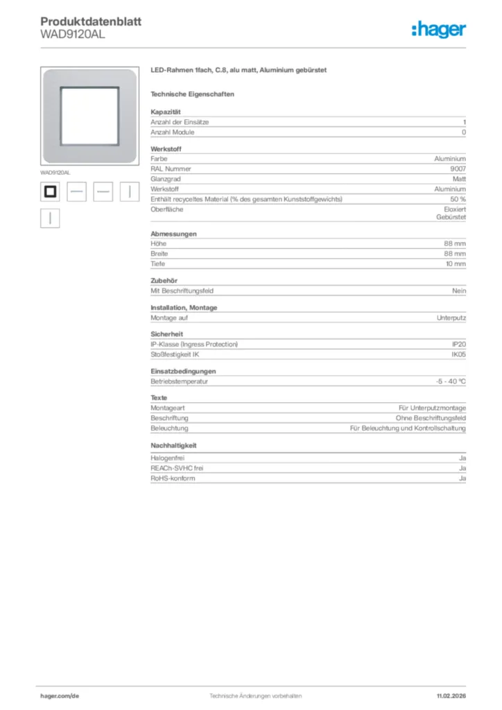 Bild Hager Produktdatenblatt WAD9120AL | Hager Deutschland