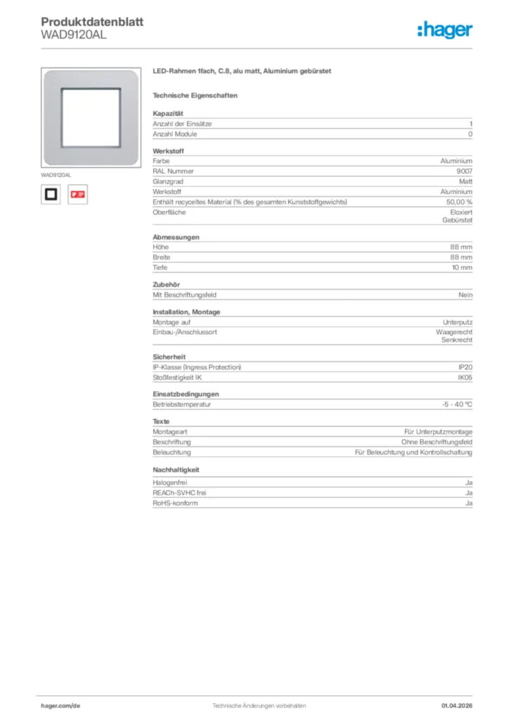 Bild Hager Produktdatenblatt WAD9120AL | Hager Deutschland