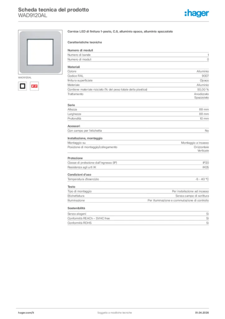 Immagine Hager Scheda tecnica del prodotto WAD9120AL | Hager Italia