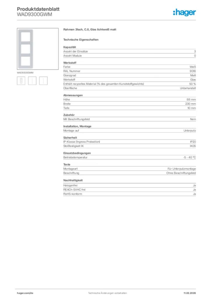 Bild Hager Produktdatenblatt WAD9300GWM | Hager Deutschland