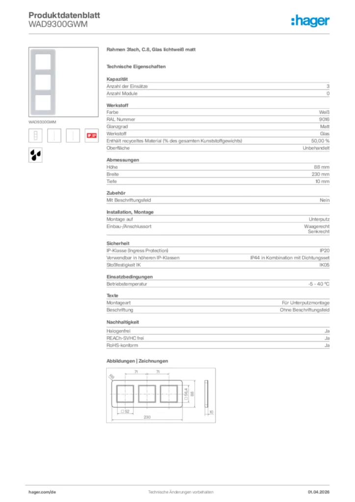 Bild Hager Produktdatenblatt WAD9300GWM | Hager Deutschland