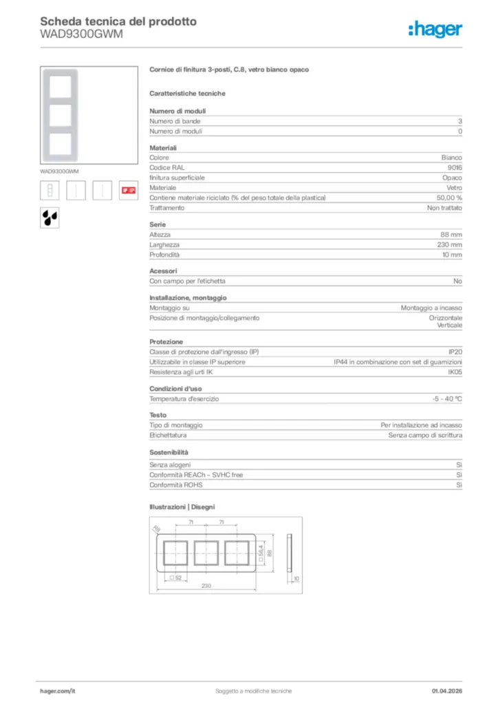 Immagine Hager Scheda tecnica del prodotto WAD9300GWM | Hager Italia