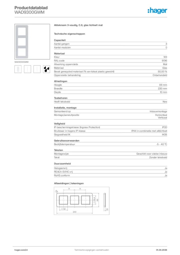 Afbeelding Hager Productdatablad WAD9300GWM | Hager Nederland