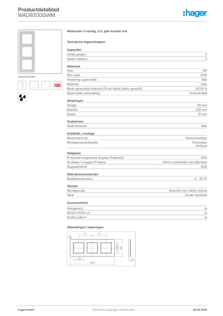 Afbeelding Hager Productdatablad WAD9300GWM | Hager Nederland