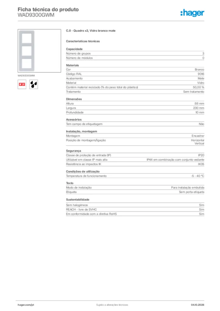 Imagem Hager Ficha técnica do produto WAD9300GWM | Hager Portugal