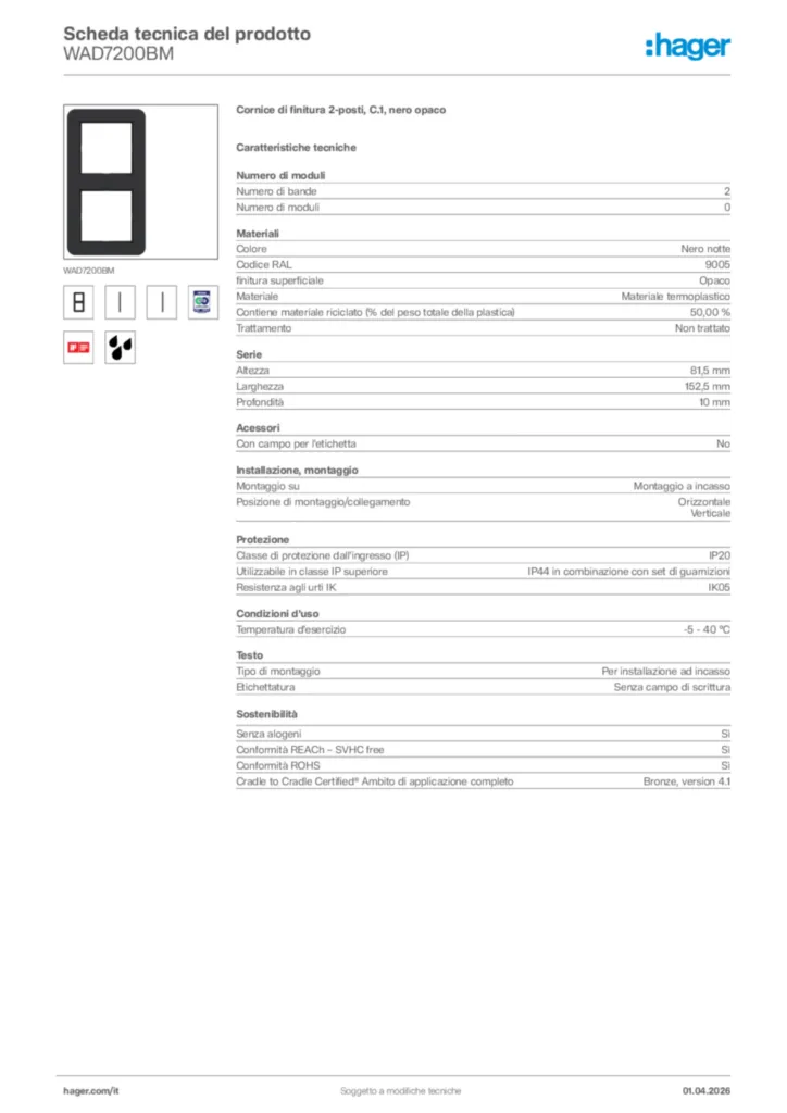 Immagine Hager Scheda tecnica del prodotto WAD7200BM | Hager Italia